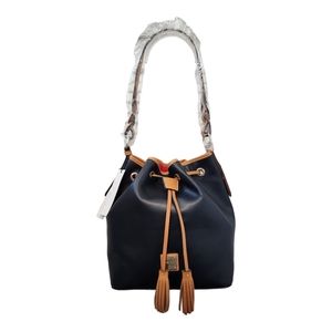 NWT Dooney & Bourke Wexford Leather Tasha Drawstring Black & Tan Bucket Bag